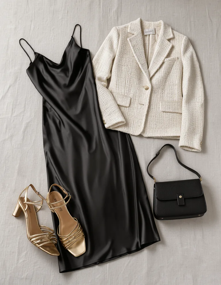A flat lay of a black slip dress, cropped blazer, strappy heels and a small shoulder bag (AI-generated)