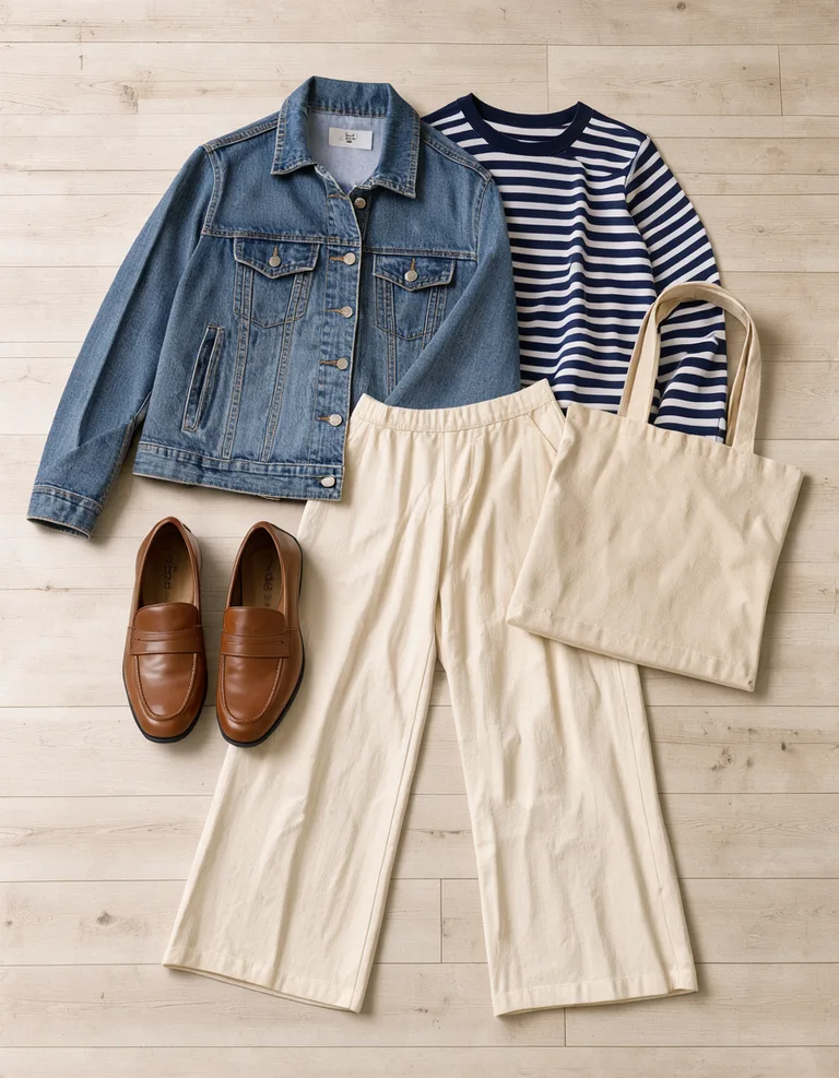 A flat lay of a denim jacket, striped top, wide-leg trousers, loafers and a tote bag (AI-generated)