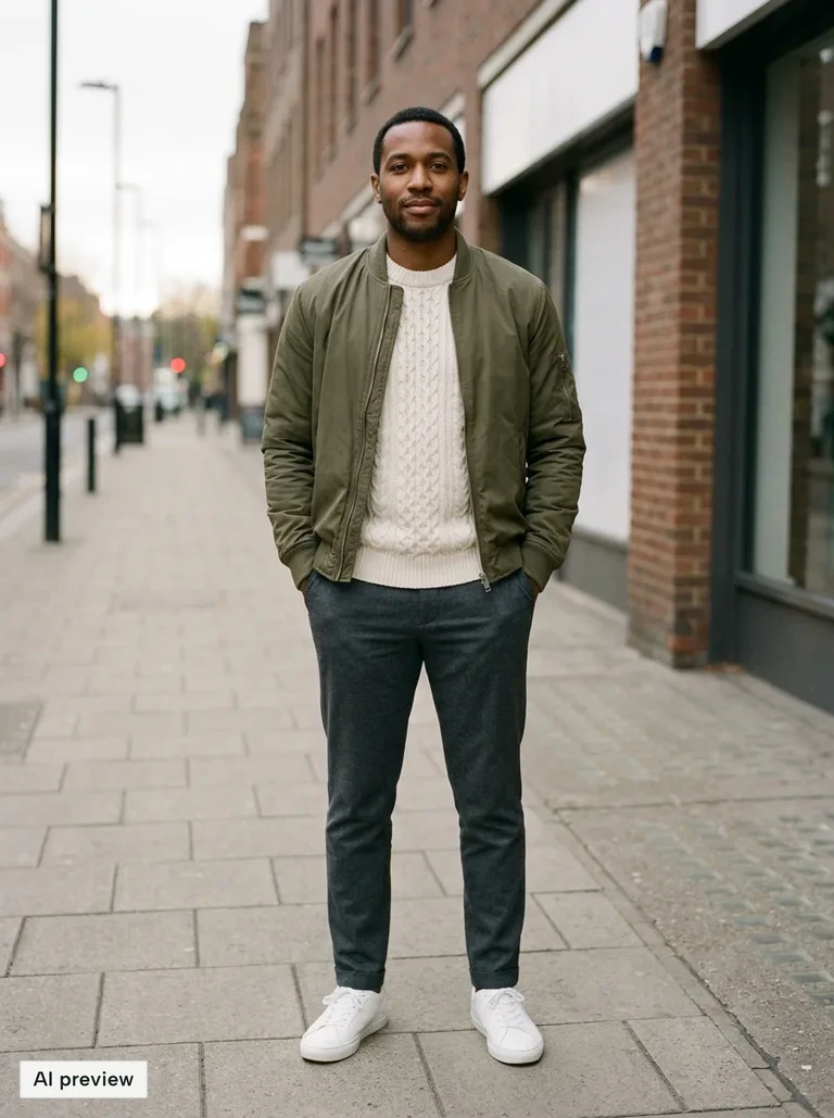 A man in an olive bomber jacket, cream knit, dark trousers and white sneakers (AI-generated)